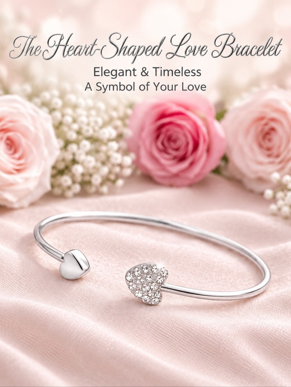 Delicate Silver Hearts Open Cuff Adjustable Bangle Bracelet with Pave` Crystals
